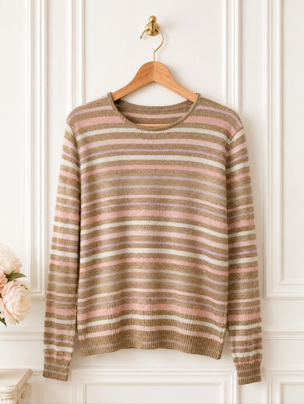 Liz Claiborne | Metallic Striped Knit Sweater Pink Gold Ivory | Size: XL - Picture 5 of 9